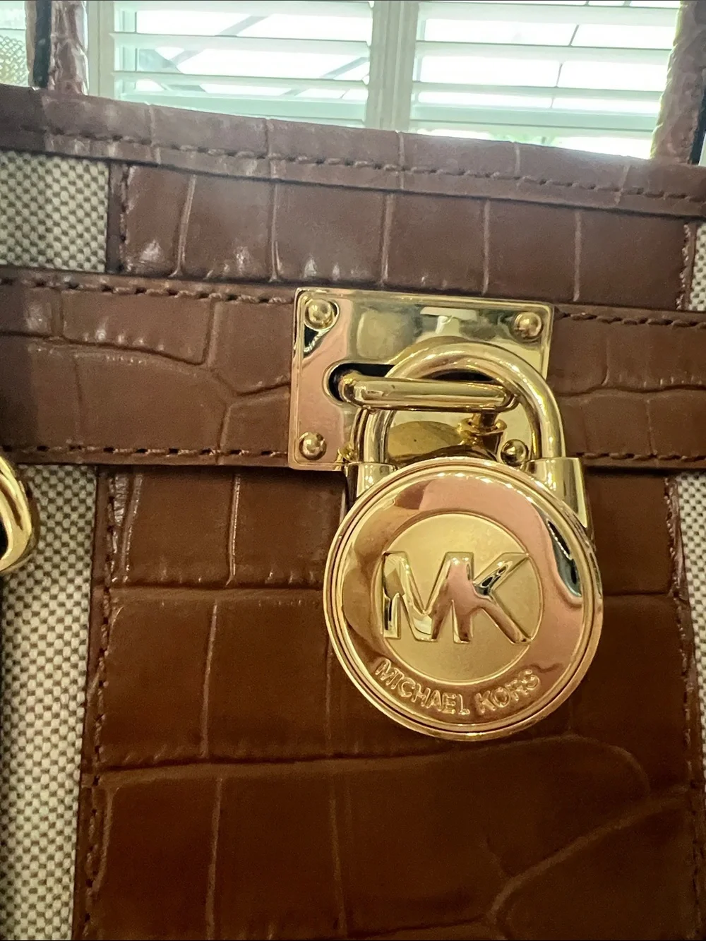 Michael Kors Brown and Cream Croc-Trim Satchel with Gold Hardware